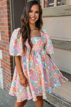 Load image into Gallery viewer, Pink Summer Floral Square Neck Puff Sleeve Babydoll Dress
