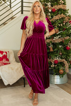 Load image into Gallery viewer, Prussian Blue Velvet Short Sleeve Shirred Waist Tiered Maxi Dress
