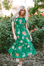 Load image into Gallery viewer, Green Floral Print Bubble Sleeve Smocked Tiered Midi Dress
