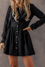 Load image into Gallery viewer, Black Elastic Cinched High Waist Long Sleeve Shirt Mini Dress
