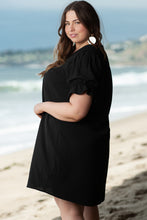 Load image into Gallery viewer, Black Solid Ruffled Puff Sleeve V Neck Plus Size Mini Dress
