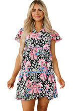 Load image into Gallery viewer, Pink Leopard Floral Ricrac Embellished Tiered Mini Dress
