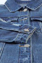 Load image into Gallery viewer, Blue Lapel Distressed Raw Hem Buttons Denim Jacket
