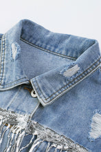 Load image into Gallery viewer, Sky Blue Sequin Embellished Fringe Distressed Denim Jacket
