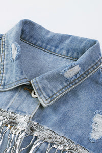 Sky Blue Sequin Embellished Fringe Distressed Denim Jacket