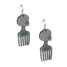 Load image into Gallery viewer, Black Glitter Afro Hair Pick Earrings
