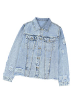 Load image into Gallery viewer, Blue Lapel Distressed Raw Hem Buttons Denim Jacket

