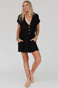 Black V Neck Buttons Loose Cuffed Short Sleeve Romper