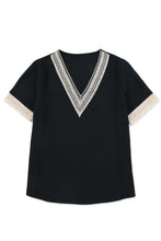 Load image into Gallery viewer, Black Lace Trim V Neck Short Sleeve Blouse
