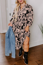Load image into Gallery viewer, Black Plus Size Floral Printed Puff Sleeve Collared Maxi Dress
