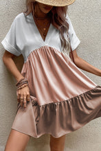 Load image into Gallery viewer, Light French Beige Triple Colors V Neck Folded Cuffs Tiered Loose Dress
