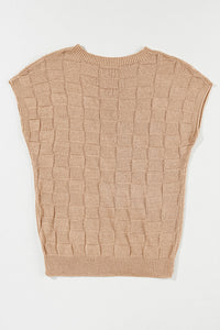 Dusty Pink Lattice Textured Knit Short Sleeve Sweater