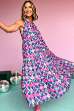 Load image into Gallery viewer, Blue Floral Print Frilly Neck Sleeveless Tiered Maxi Dress
