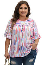 Load image into Gallery viewer, White Stripe Ruffled Short Sleeve Plus Size Blouse
