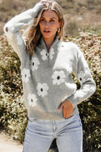 Load image into Gallery viewer, Khaki Floral Pattern Half Zip Drop Shoulder Sweater
