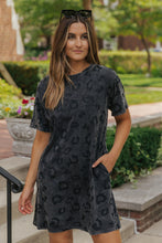 Load image into Gallery viewer, Gray Vintage Washed Leopard T-Shirt Dress with Pockets
