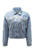 Load image into Gallery viewer, Sky Blue Sequin Embellished Fringe Distressed Denim Jacket
