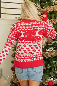 Fiery Red Merry Christmas Reindeer Heart Pattern High Neck Sweater