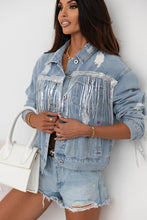 Load image into Gallery viewer, Sky Blue Sequin Embellished Fringe Distressed Denim Jacket
