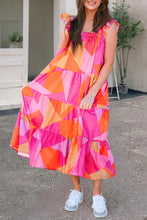 Load image into Gallery viewer, Multicolour Geometric Printed Ruffled Straps Tiered Midi Dress
