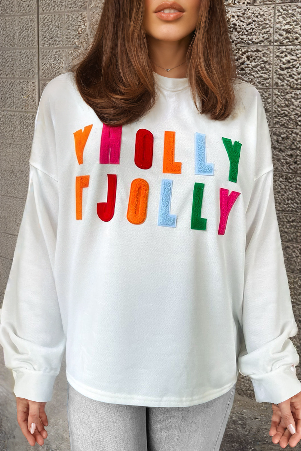 White HOLLY JOLLY Chenille Embroidered Plus Size Sweatshirt