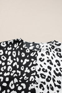 Black Plus Size Contrast Leopard Half Sleeve Blouse