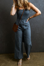 Load image into Gallery viewer, Sky Blue Smocked Spaghetti Straps Tied Back Wide Leg Jumpsuit
