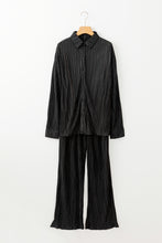 Load image into Gallery viewer, Black Pleated Long Sleeve Shirt and Wide-Leg Pants Set
