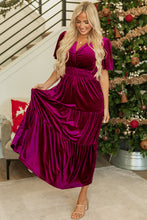 Load image into Gallery viewer, Prussian Blue Velvet Short Sleeve Shirred Waist Tiered Maxi Dress
