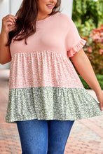 Load image into Gallery viewer, Pink Ruffled Short Sleeve Leopard Splicing Flowy Plus Size Top
