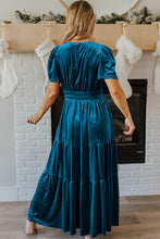 Load image into Gallery viewer, Prussian Blue Velvet Short Sleeve Shirred Waist Tiered Maxi Dress
