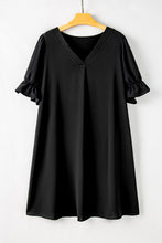 Load image into Gallery viewer, Black Solid Ruffled Puff Sleeve V Neck Plus Size Mini Dress
