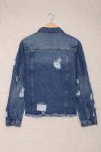Load image into Gallery viewer, Blue Lapel Distressed Raw Hem Buttons Denim Jacket
