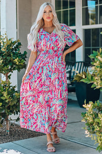 Rose Wrap V Neck Floral Maxi Dress