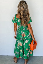 Load image into Gallery viewer, Green Floral Print Bubble Sleeve Smocked Tiered Midi Dress
