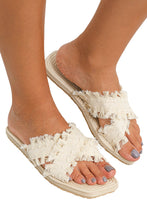 Load image into Gallery viewer, Beige Tassel Woven Crossed Straps Flat Slippers
