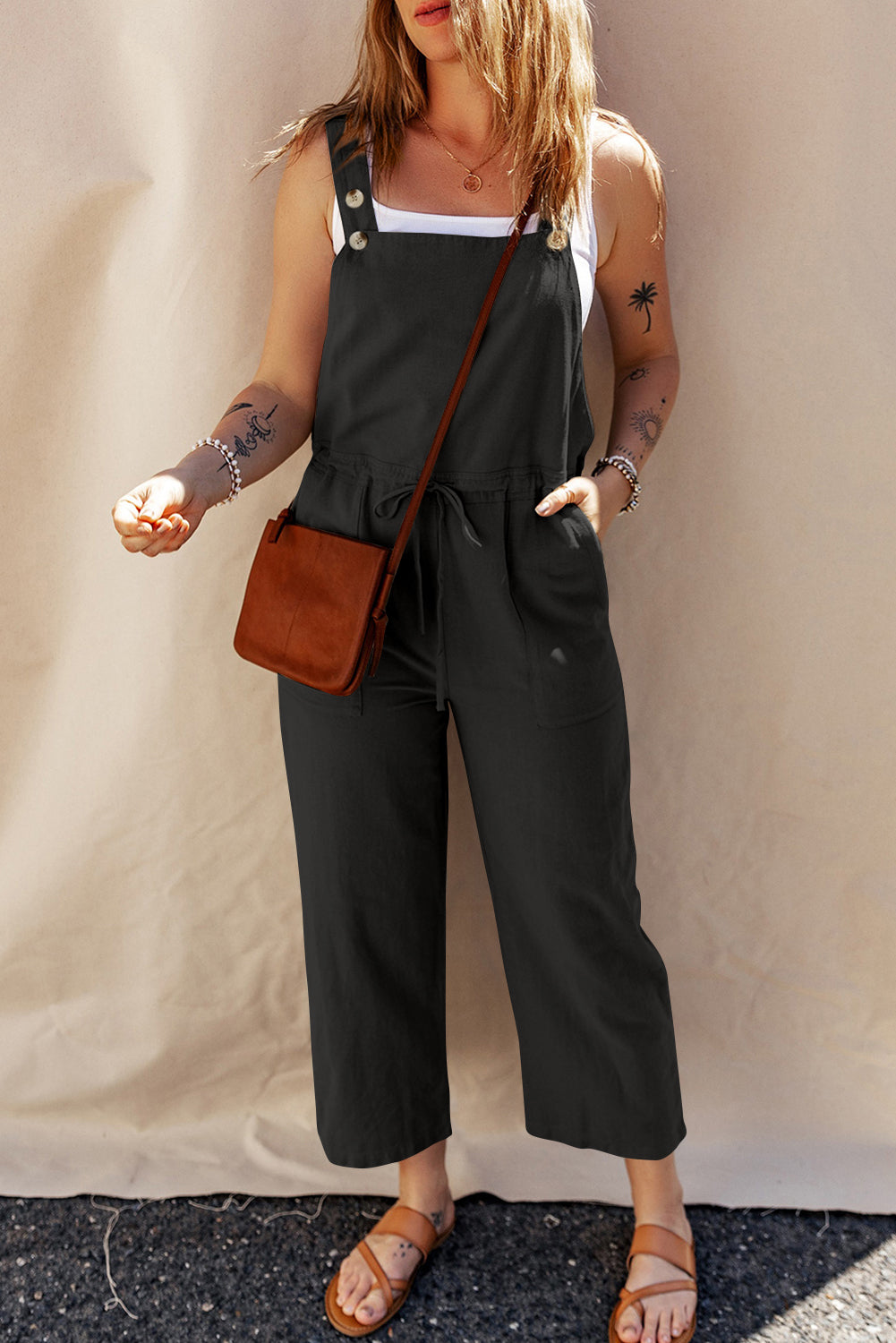 Black Drawstring Buttoned Straps Cropped Overall Jumper