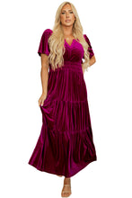 Load image into Gallery viewer, Prussian Blue Velvet Short Sleeve Shirred Waist Tiered Maxi Dress
