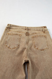 Light French Beige Acid Washed High Rise Cropped Wide Leg Jeans