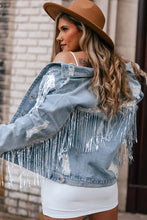 Load image into Gallery viewer, Sky Blue Sequin Embellished Fringe Distressed Denim Jacket
