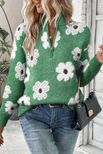 Load image into Gallery viewer, Khaki Floral Pattern Half Zip Drop Shoulder Sweater
