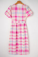 Load image into Gallery viewer, Pink Checkered Puff Sleeve Belted Midi Dress
