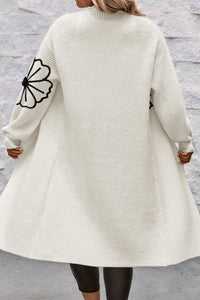 Beige Flower Embroidered Drop Shoulder Open Front Duster Cardigan