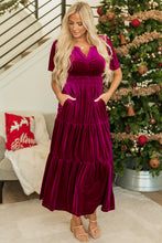 Load image into Gallery viewer, Prussian Blue Velvet Short Sleeve Shirred Waist Tiered Maxi Dress
