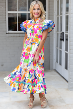 Load image into Gallery viewer, Pink Ricrac Trim Flutter Sleeve Buttoned Floral Maxi Dress
