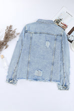 Load image into Gallery viewer, Blue Lapel Distressed Raw Hem Buttons Denim Jacket
