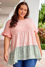 Load image into Gallery viewer, Pink Ruffled Short Sleeve Leopard Splicing Flowy Plus Size Top
