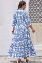 Load image into Gallery viewer, Sky Blue Geometric Print Lace-up Notch Neck Plus Size Maxi Dress
