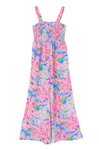 Pink Abstract Floral Painting Smocked Wide Leg Jumpsuit