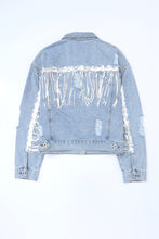 Load image into Gallery viewer, Sky Blue Sequin Embellished Fringe Distressed Denim Jacket
